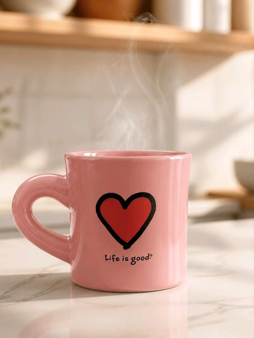 Life Is Good Pink Ceramic Mug with Red Heart